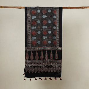Black - Ajrakh Hand Block Printed Mashru Silk Stole with Tassels