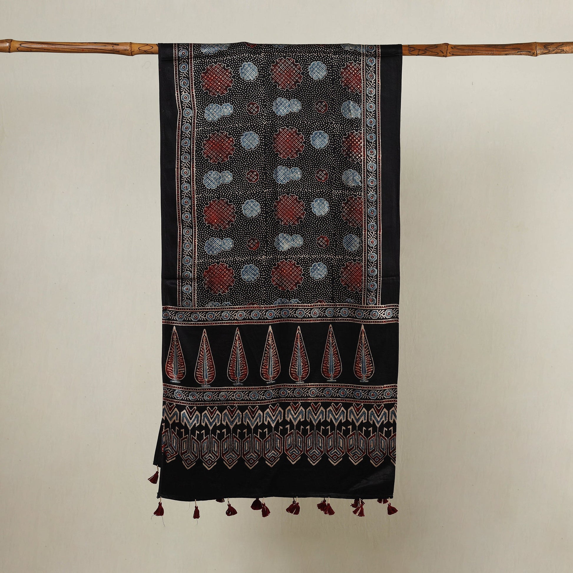 Black - Ajrakh Hand Block Printed Mashru Silk Stole with Tassels