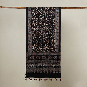 Black - Ajrakh Hand Block Printed Mashru Silk Stole with Tassels