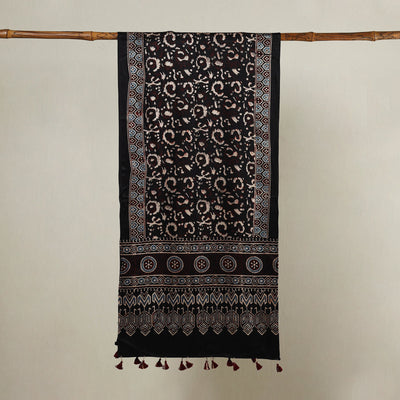 Black - Ajrakh Hand Block Printed Mashru Silk Stole with Tassels