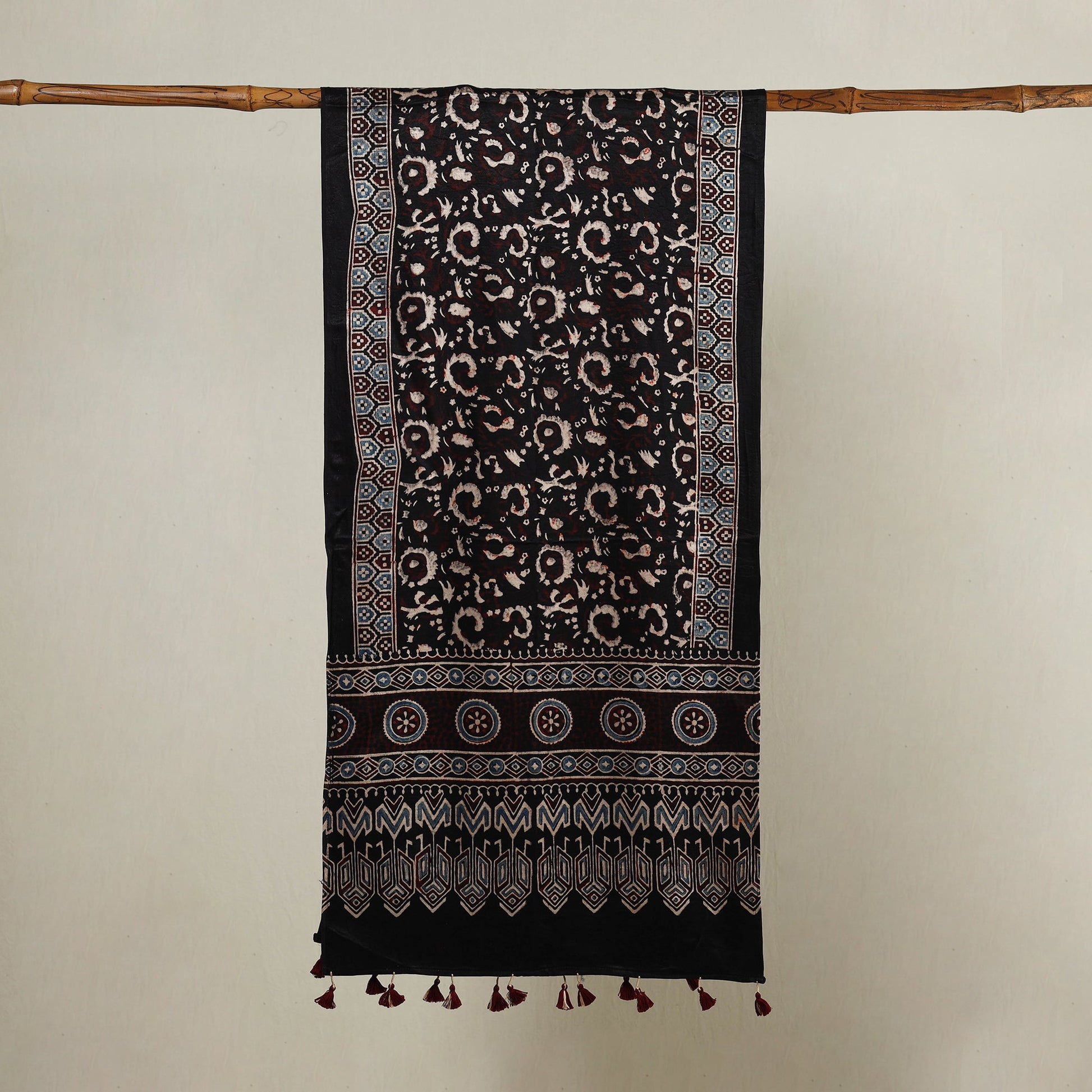 Black - Ajrakh Hand Block Printed Mashru Silk Stole with Tassels