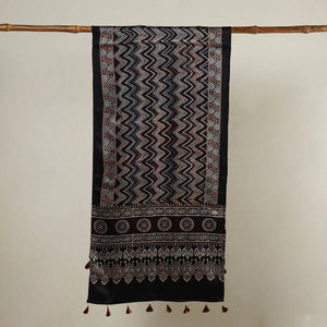 Black - Ajrakh Hand Block Printed Mashru Silk Stole with Tassels