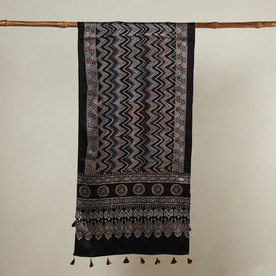 Black - Ajrakh Hand Block Printed Mashru Silk Stole with Tassels