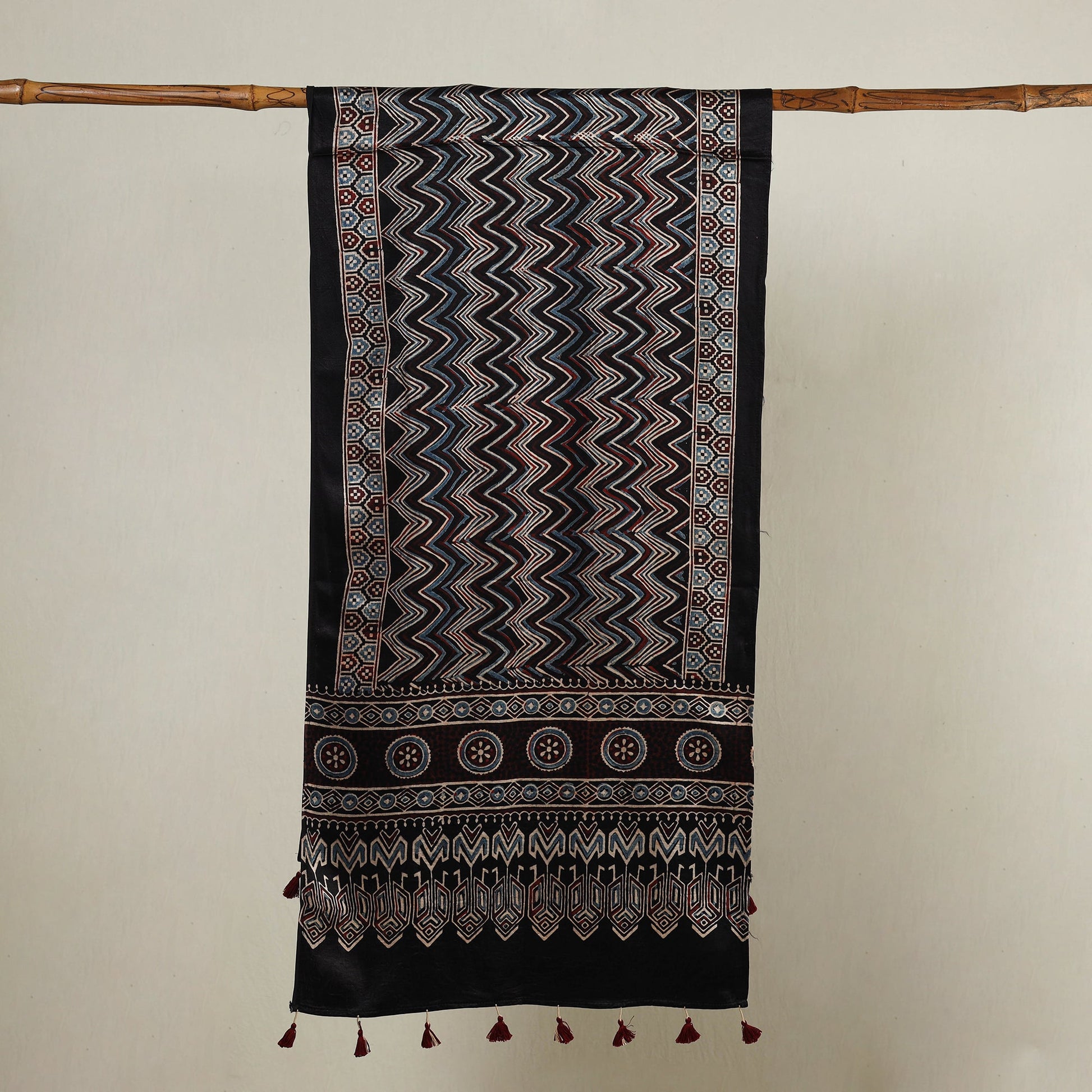 Black - Ajrakh Hand Block Printed Mashru Silk Stole with Tassels