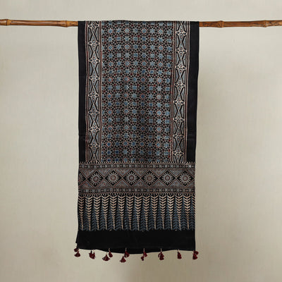 Black - Ajrakh Hand Block Printed Mashru Silk Stole with Tassels