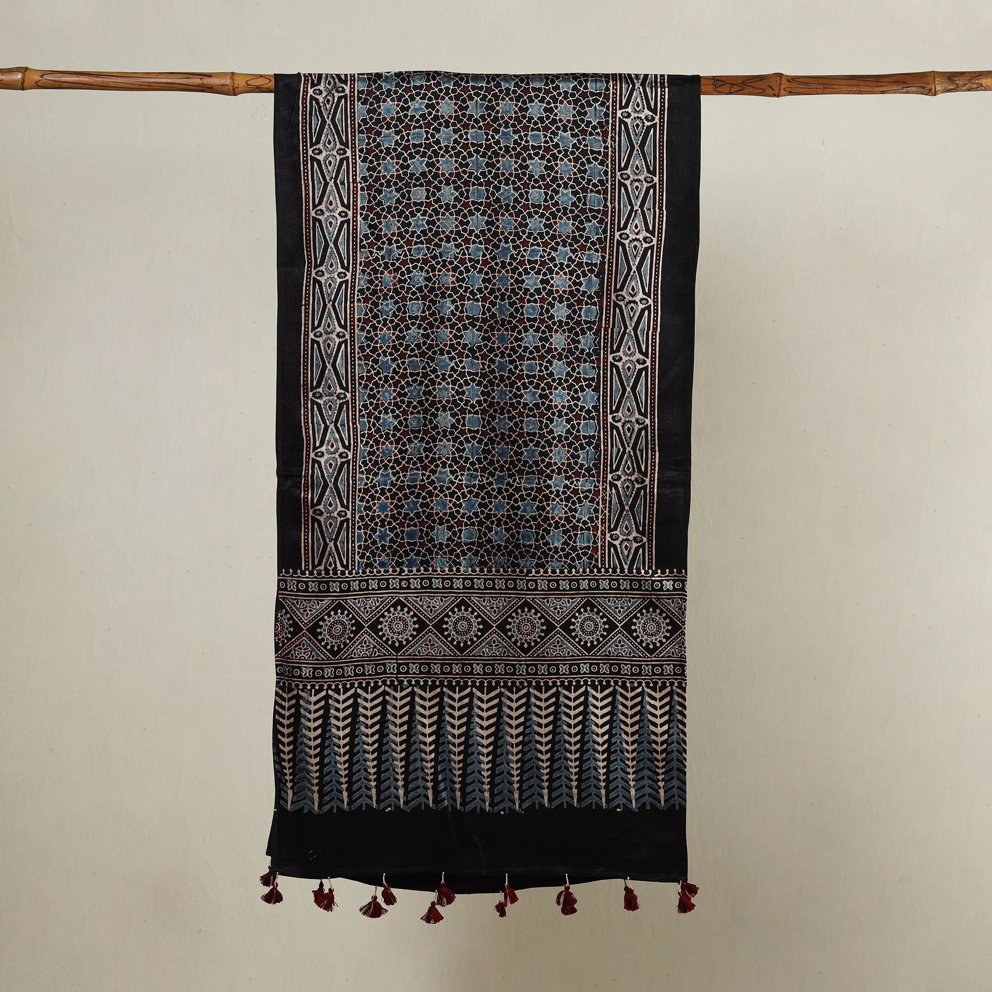 Black - Ajrakh Hand Block Printed Mashru Silk Stole with Tassels