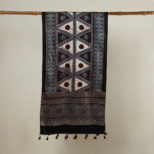 Black - Ajrakh Hand Block Printed Mashru Silk Stole with Tassels