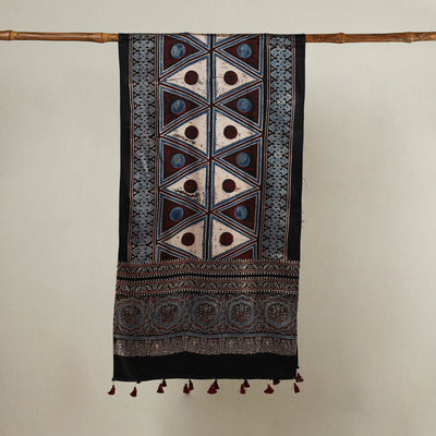Black - Ajrakh Hand Block Printed Mashru Silk Stole with Tassels