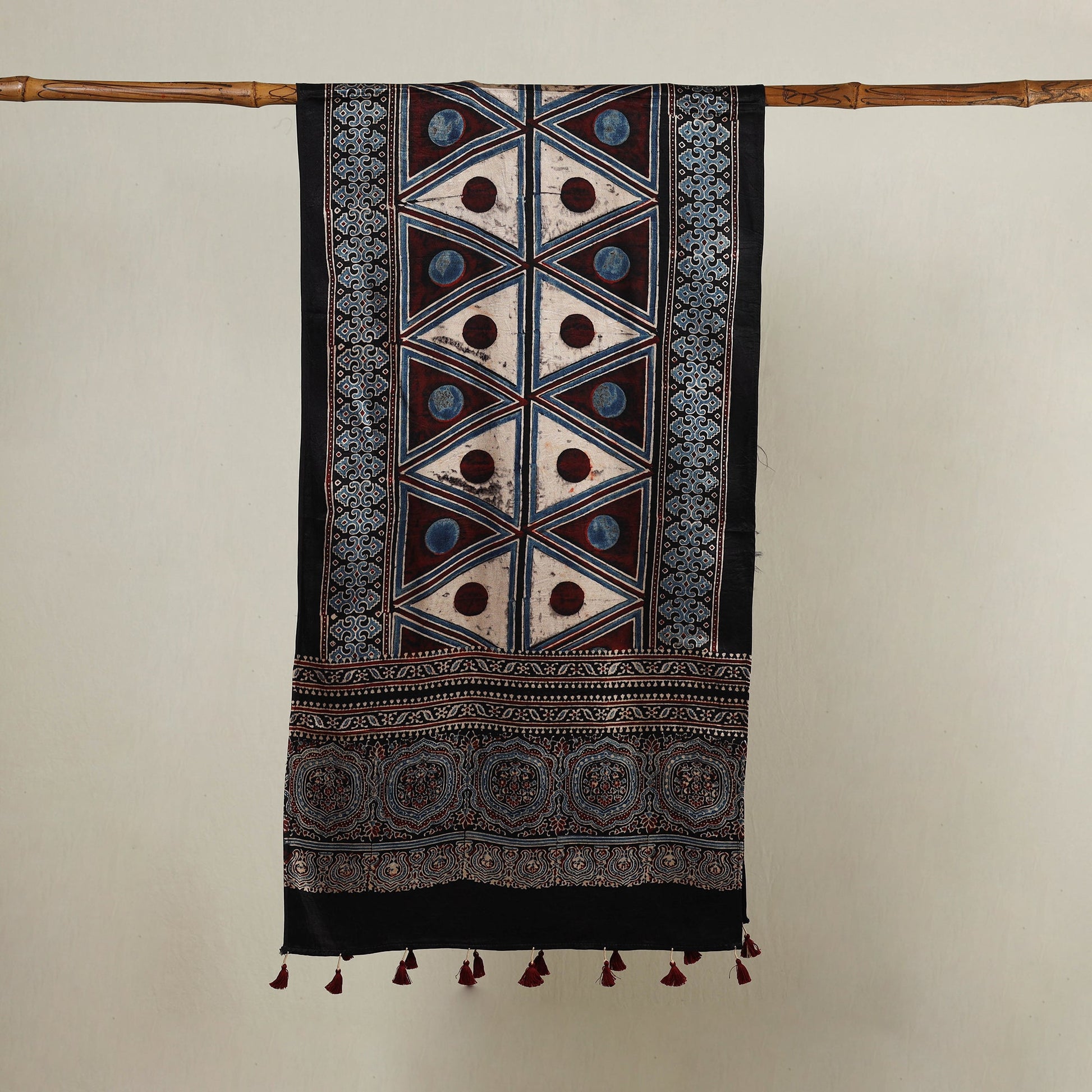 Black - Ajrakh Hand Block Printed Mashru Silk Stole with Tassels