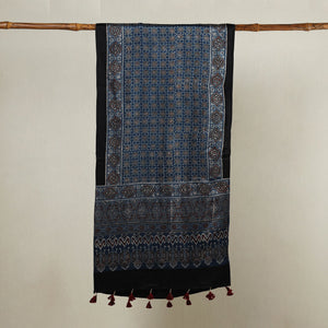 Blue - Ajrakh Hand Block Printed Mashru Silk Stole with Tassels