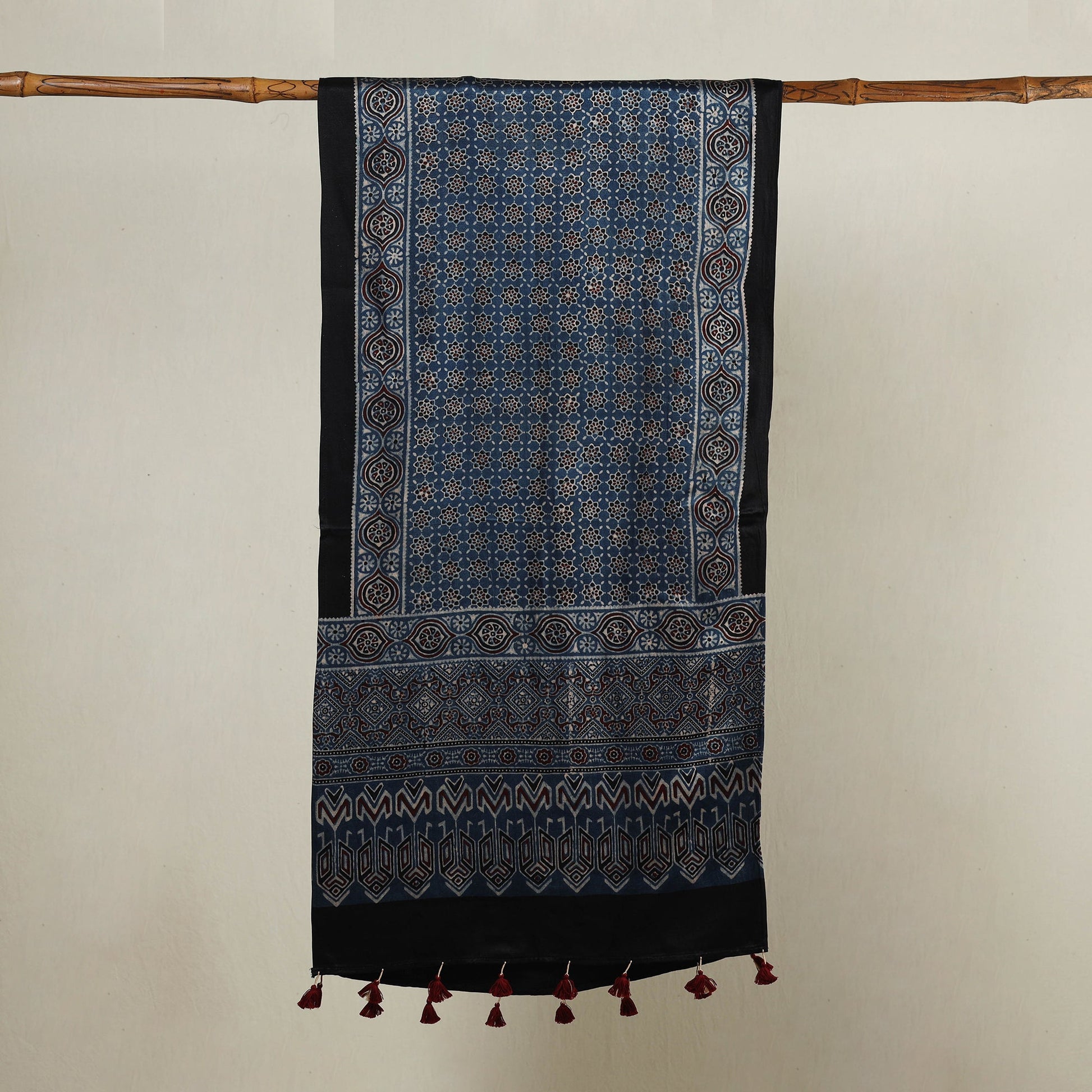 Blue - Ajrakh Hand Block Printed Mashru Silk Stole with Tassels