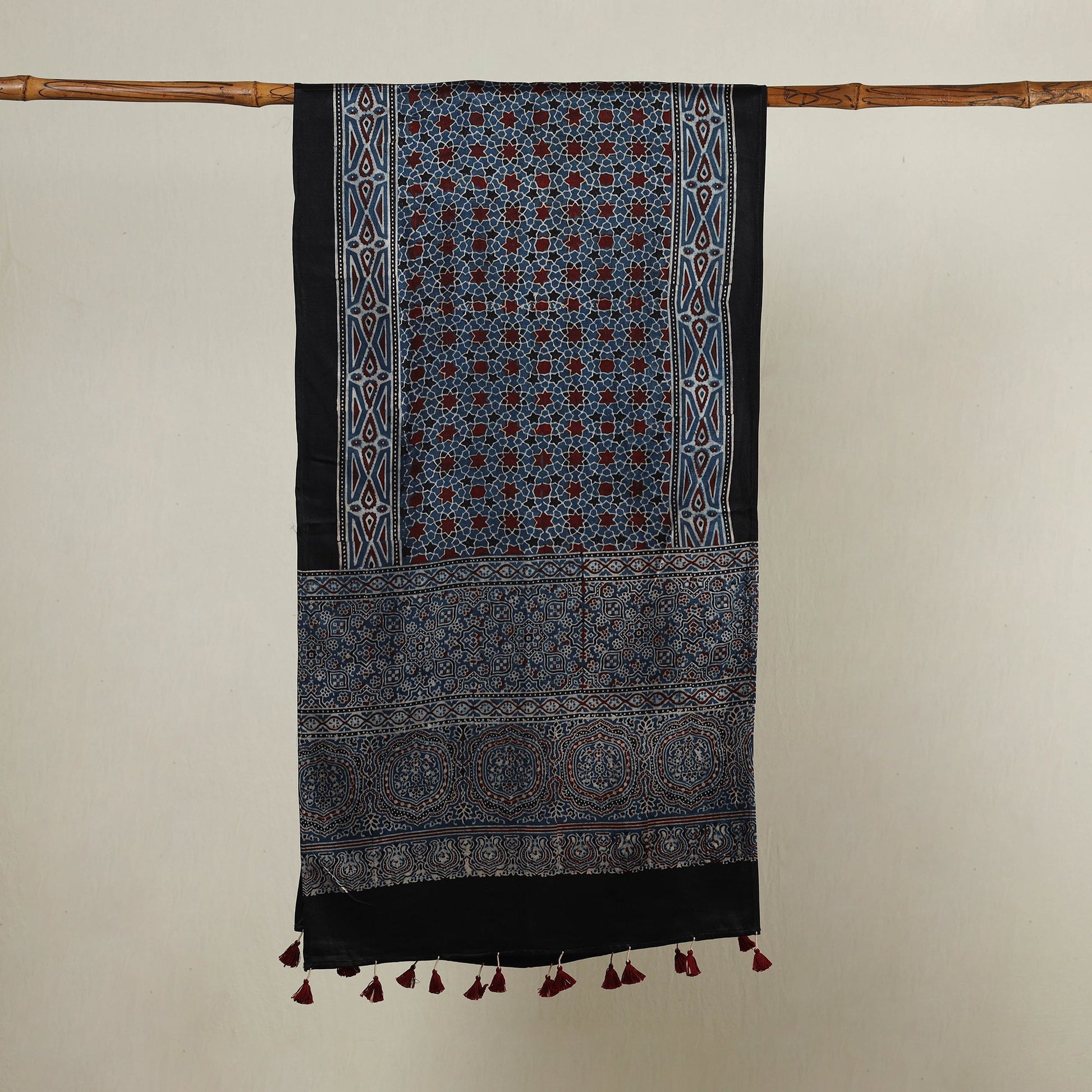 Blue - Ajrakh Hand Block Printed Mashru Silk Stole with Tassels