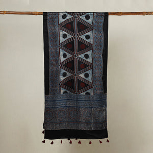 Blue - Ajrakh Hand Block Printed Mashru Silk Stole with Tassels