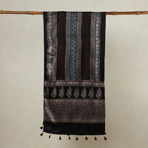 Black - Ajrakh Hand Block Printed Mashru Silk Stole with Tassels