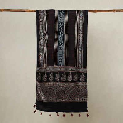 Black - Ajrakh Hand Block Printed Mashru Silk Stole with Tassels