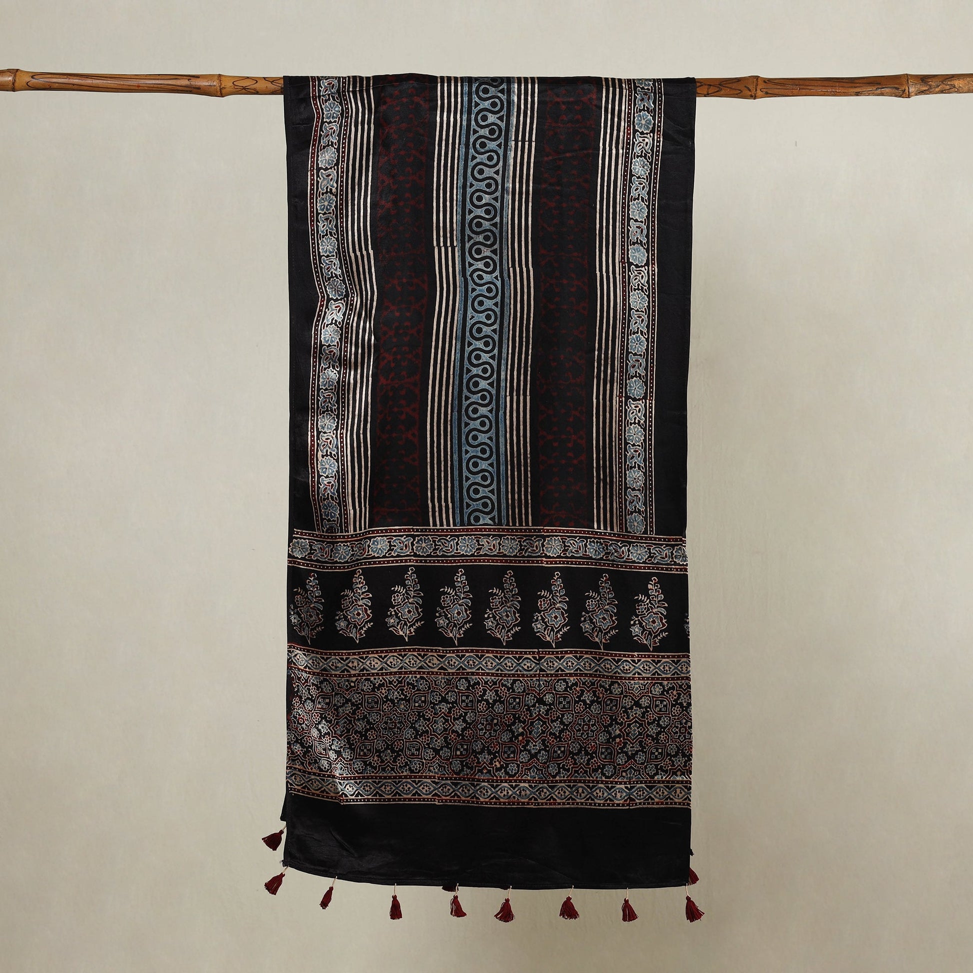 Black - Ajrakh Hand Block Printed Mashru Silk Stole with Tassels
