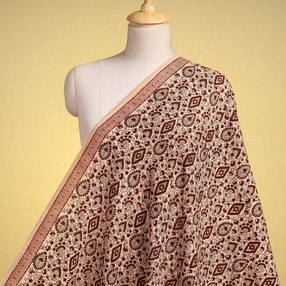 Beige - Handspun Handwoven Mulberry Silk Cotton Bagh Print Fabric
