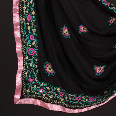 Black - 3pc Phulkari Embroidery Georgette Suit Material Set