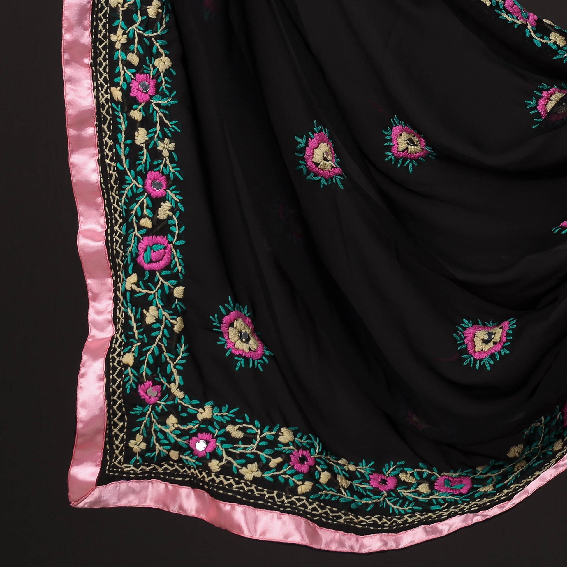 Black - 3pc Phulkari Embroidery Georgette Suit Material Set