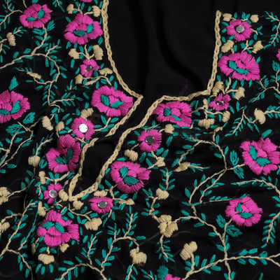 Black - 3pc Phulkari Embroidery Georgette Suit Material Set
