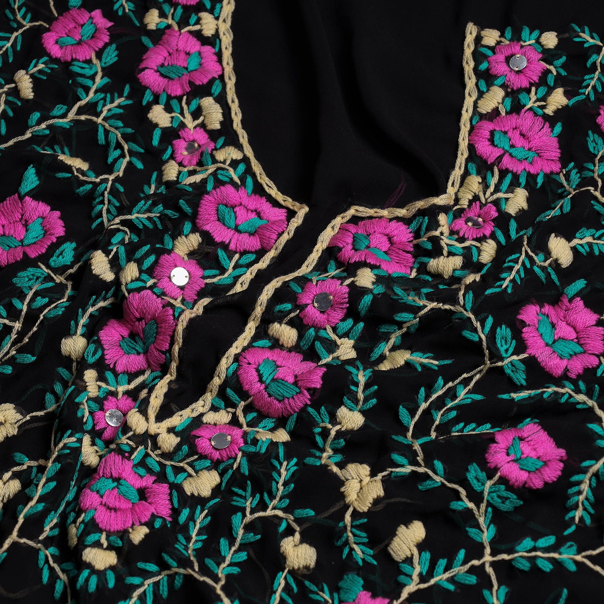 Black - 3pc Phulkari Embroidery Georgette Suit Material Set