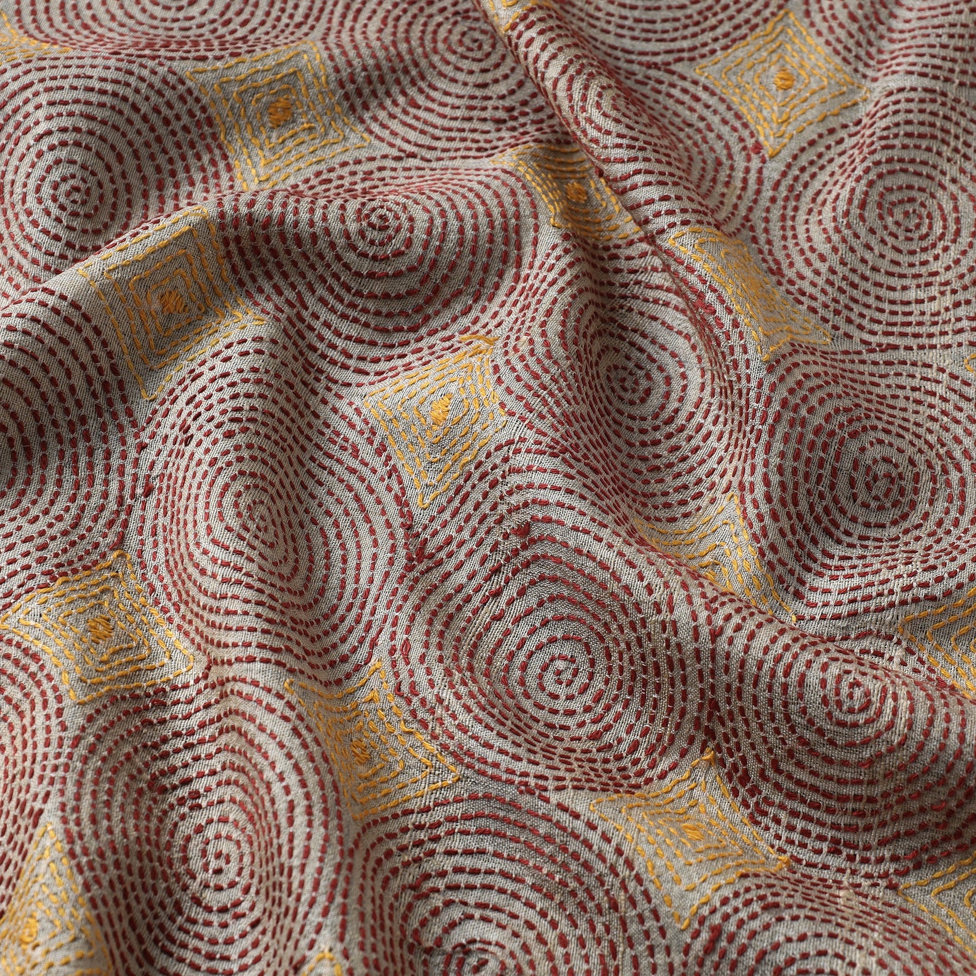 Beige - Bengal Kantha Work Pure Tussar Silk Handloom Fabric