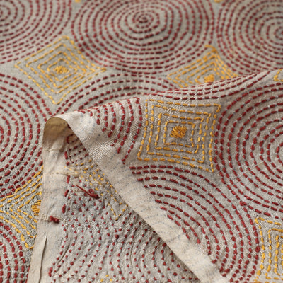Beige - Bengal Kantha Work Pure Tussar Silk Handloom Fabric