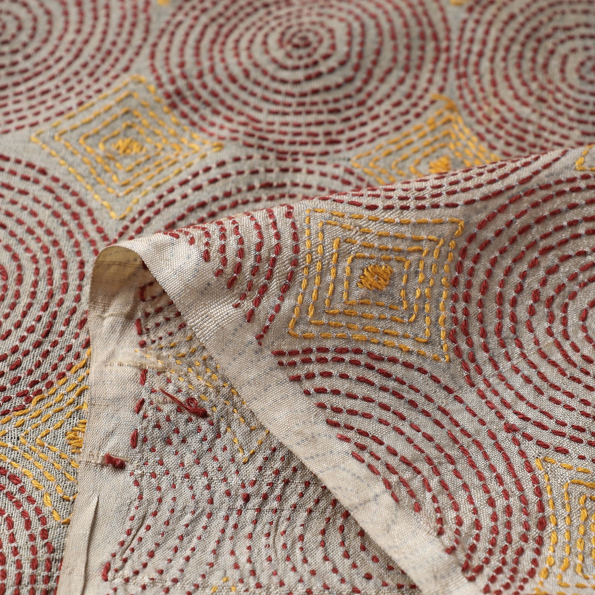 Beige - Bengal Kantha Work Pure Tussar Silk Handloom Fabric
