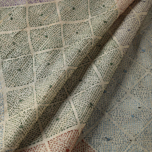 Beige - Bengal Kantha Work Pure Tussar Silk Handloom Fabric