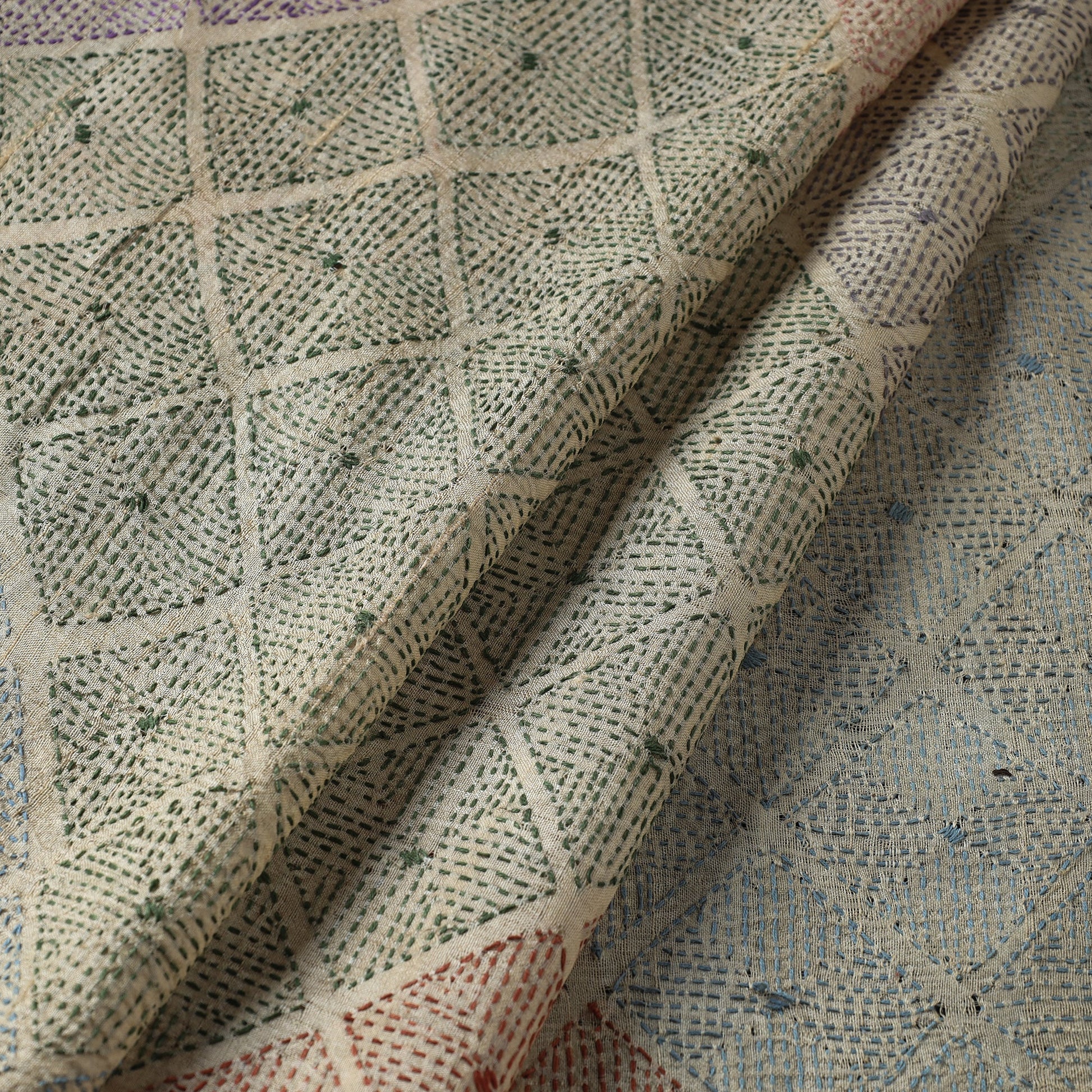 Beige - Bengal Kantha Work Pure Tussar Silk Handloom Fabric