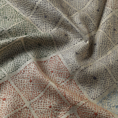 Beige - Bengal Kantha Work Pure Tussar Silk Handloom Fabric