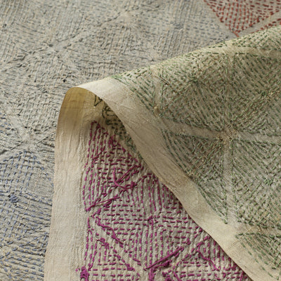 Beige - Bengal Kantha Work Pure Tussar Silk Handloom Fabric