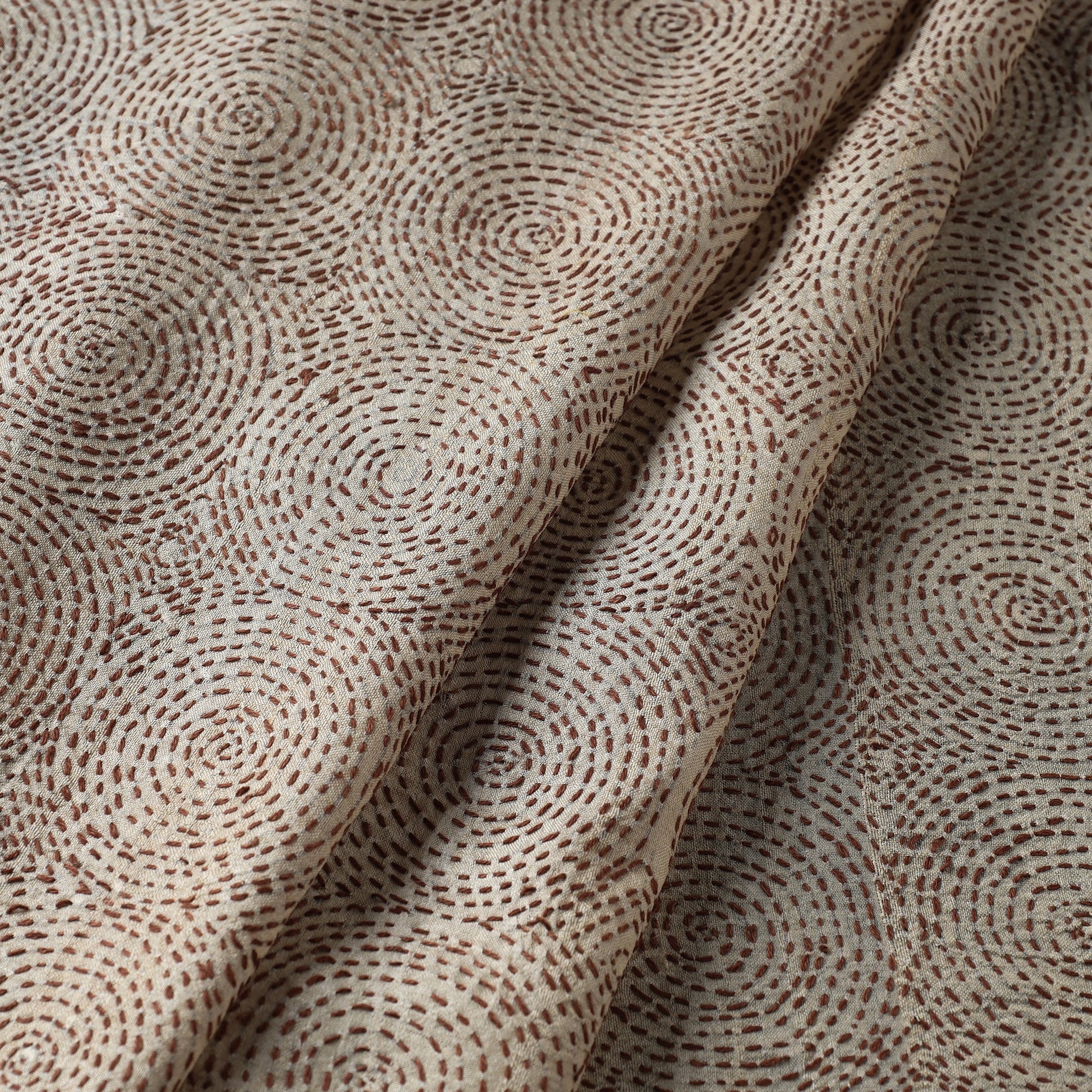 Beige - Bengal Kantha Work Pure Tussar Silk Handloom Fabric