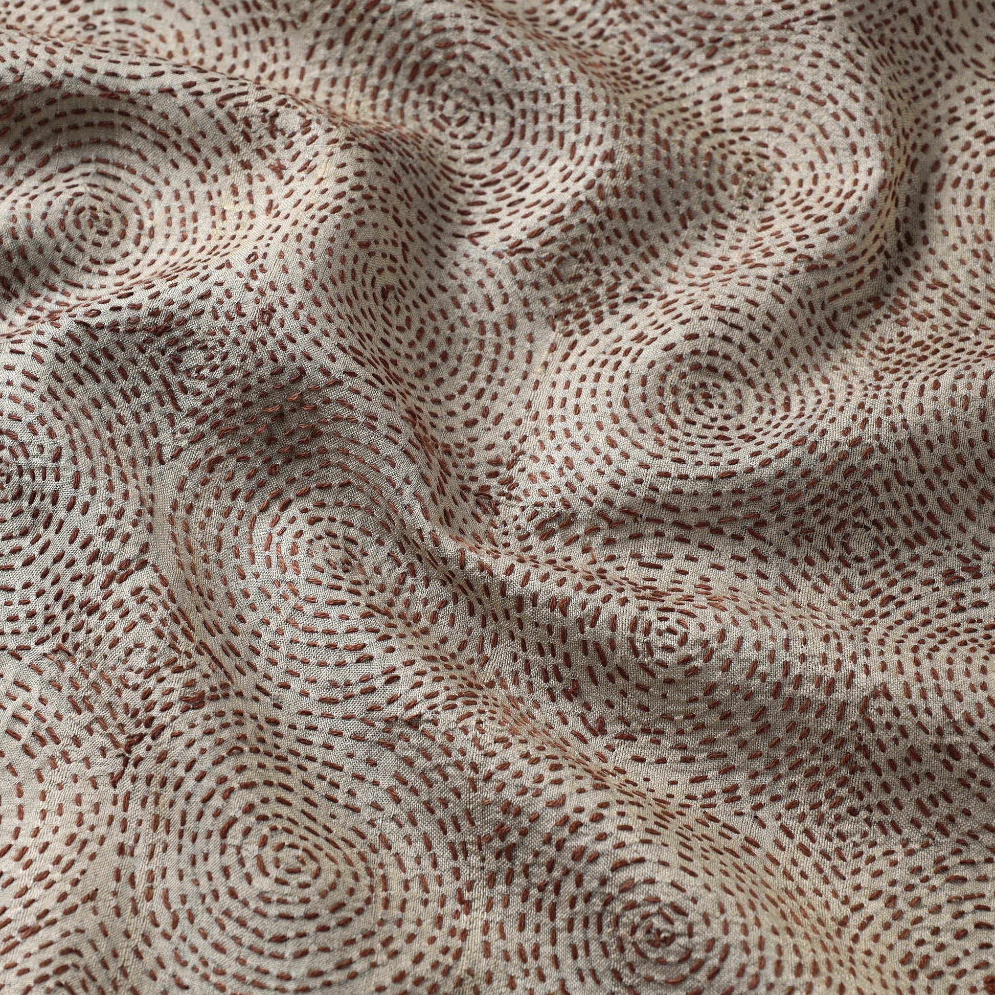 Beige - Bengal Kantha Work Pure Tussar Silk Handloom Fabric