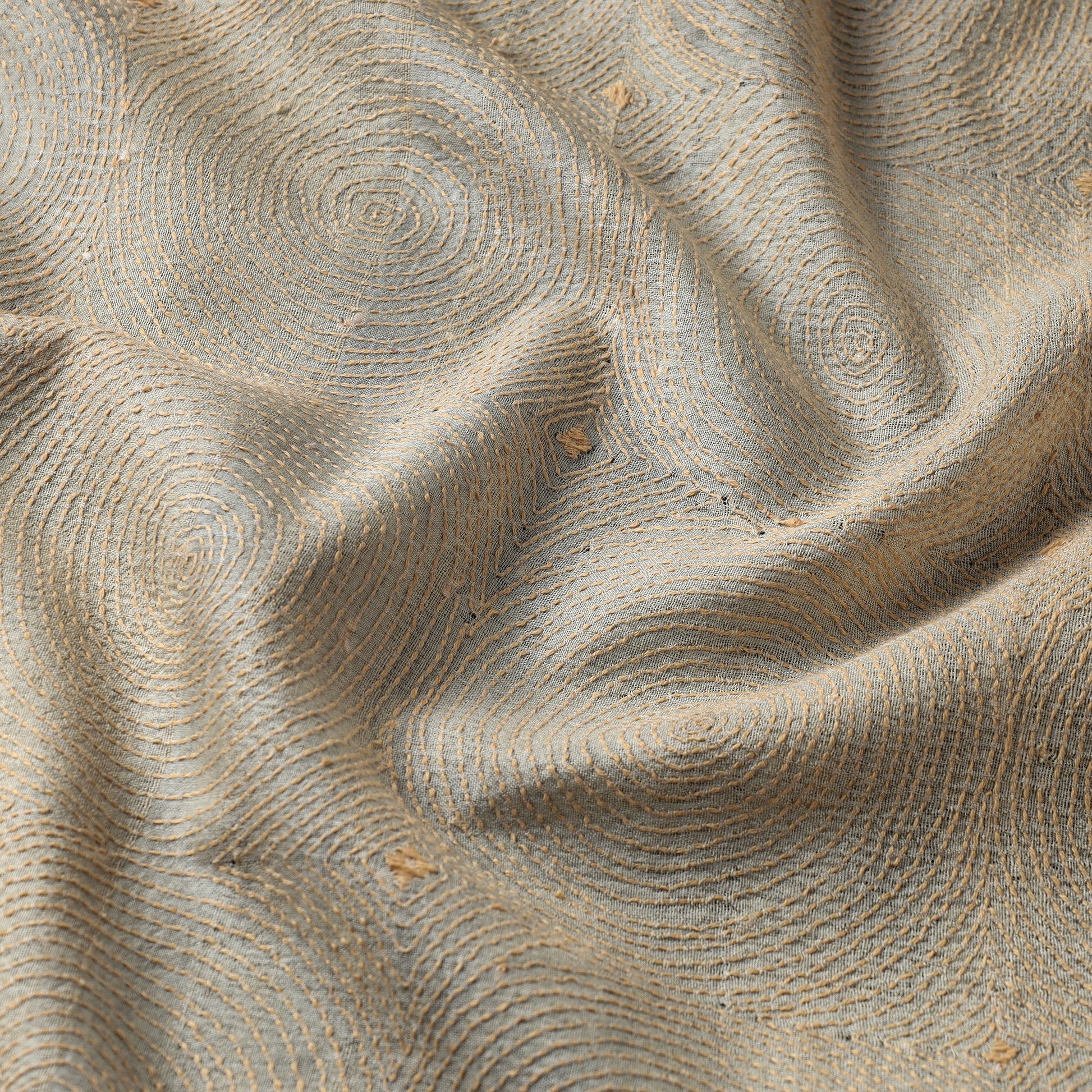 Beige - Bengal Kantha Work Pure Tussar Silk Handloom Fabric