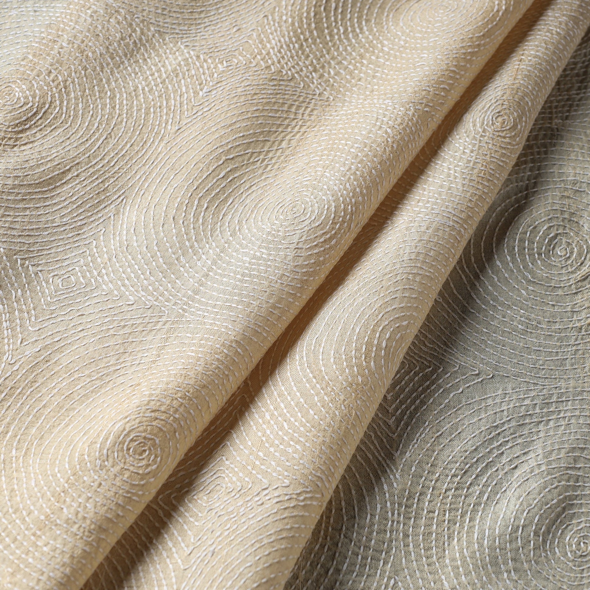 Beige - Handloom Tussar Silk Bengal Kantha Fabric 07