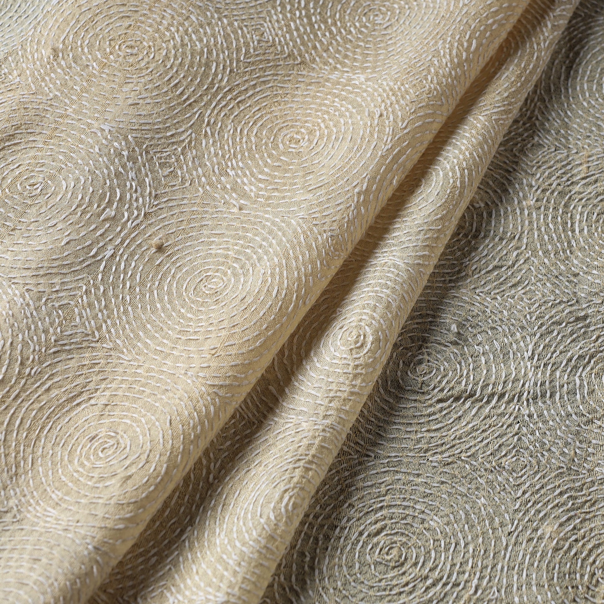 Beige - Handloom Tussar Silk Bengal Kantha Fabric 02