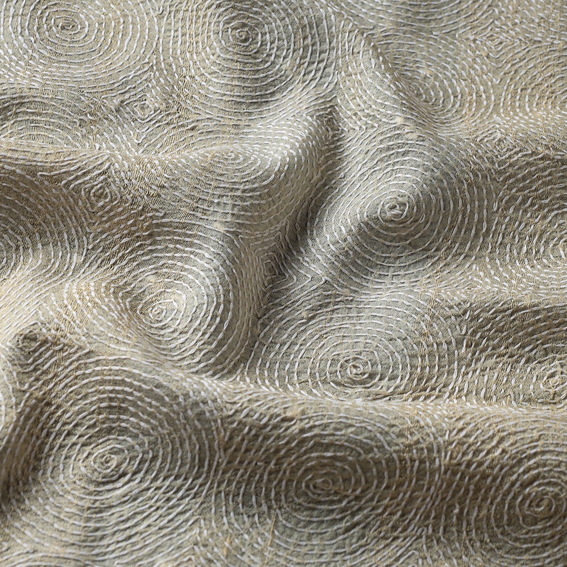 Beige - Handloom Tussar Silk Bengal Kantha Fabric 02