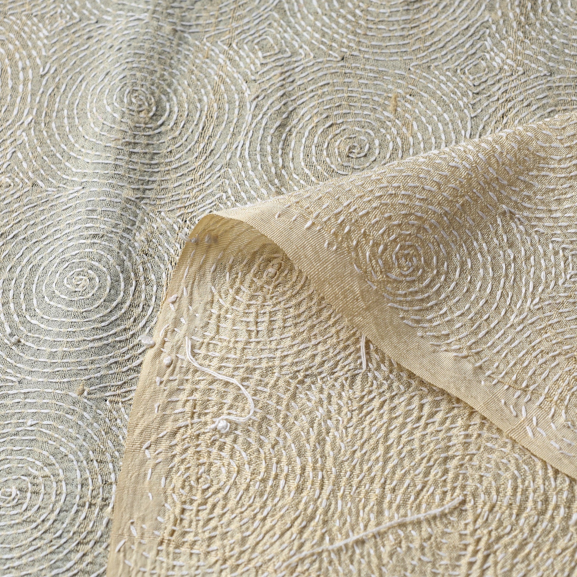 Beige - Handloom Tussar Silk Bengal Kantha Fabric 02