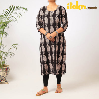 Black - Block Print Cotton Straight Bagh Kurta