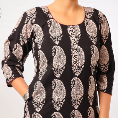 Black - Block Print Cotton Straight Bagh Kurta