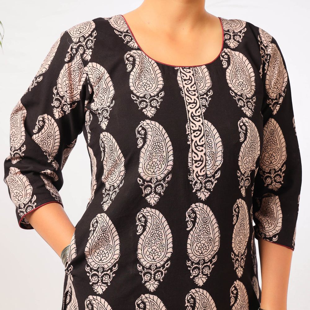 Black - Block Print Cotton Straight Bagh Kurta