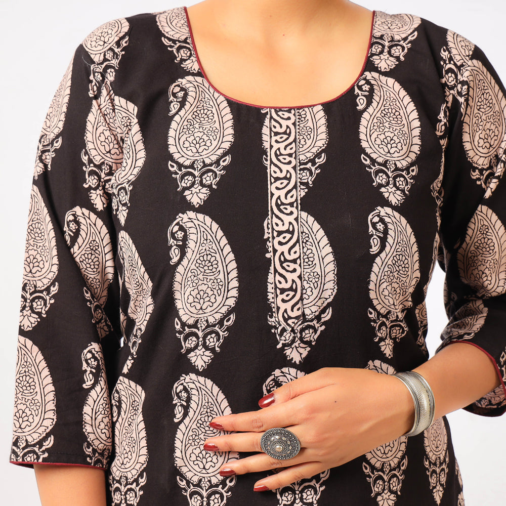 Black - Block Print Cotton Straight Bagh Kurta