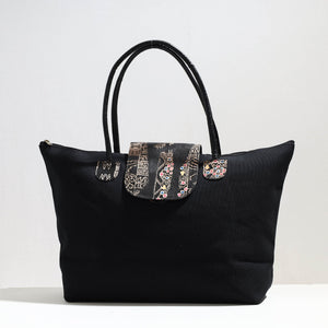 Black - Handcrafted Canvas Cotton & Embossed Leather Flap Tote Bag
