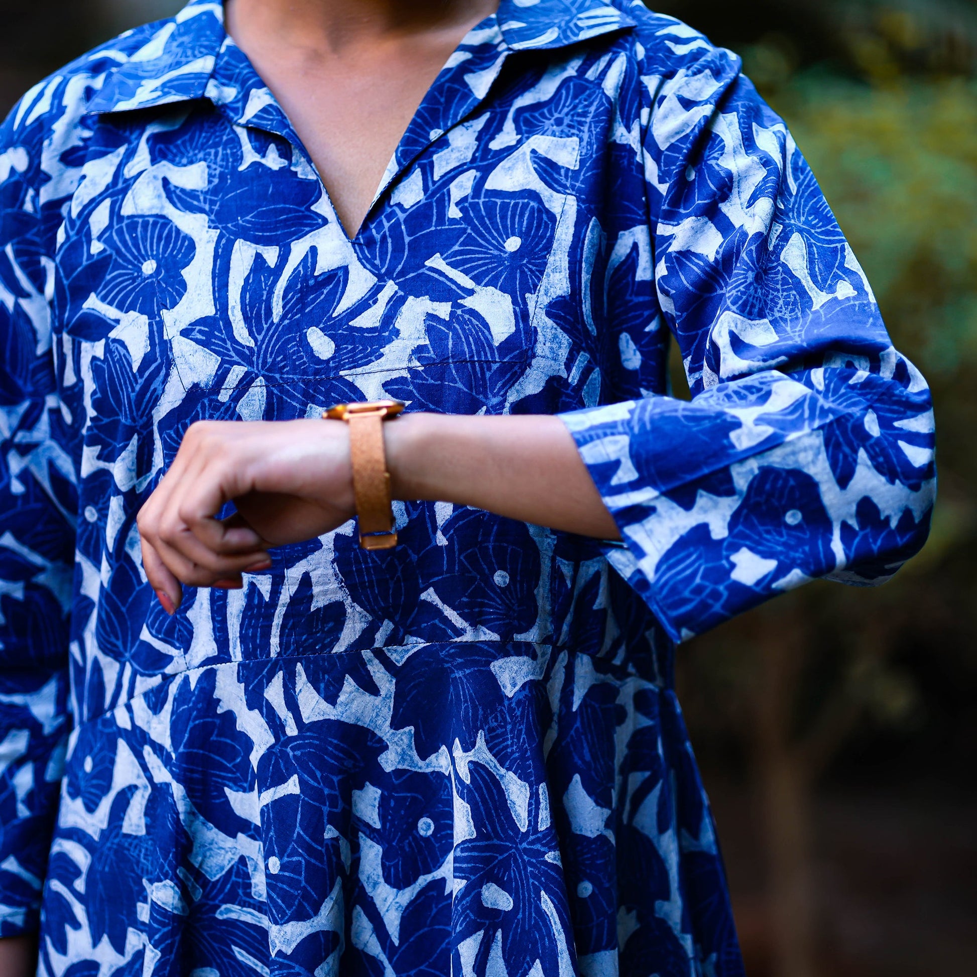 Blue - Dabu Block Printed Cotton Flared Gher Dress