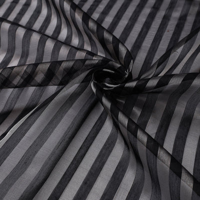 Black - Traditional Chanderi Silk Handloom Zari Stripes Fabric