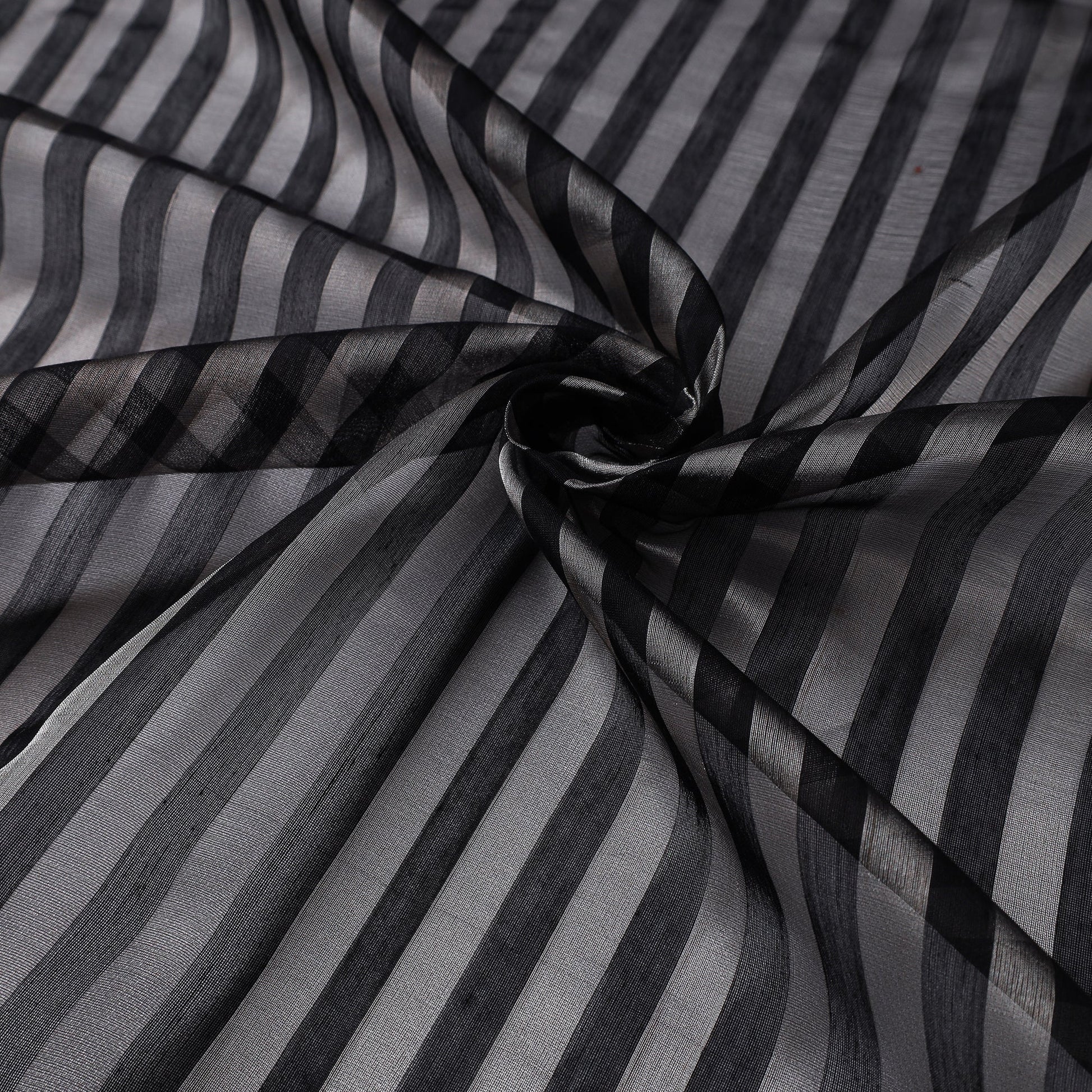Black - Traditional Chanderi Silk Handloom Zari Stripes Fabric
