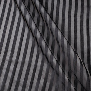 Black - Traditional Chanderi Silk Handloom Zari Stripes Fabric