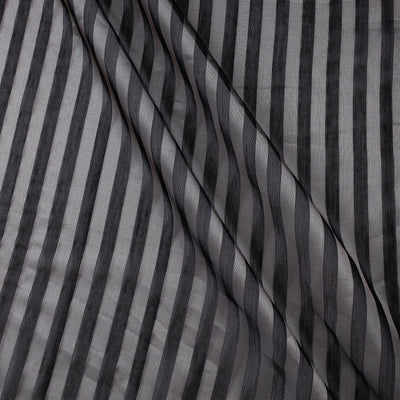 Black - Traditional Chanderi Silk Handloom Zari Stripes Fabric