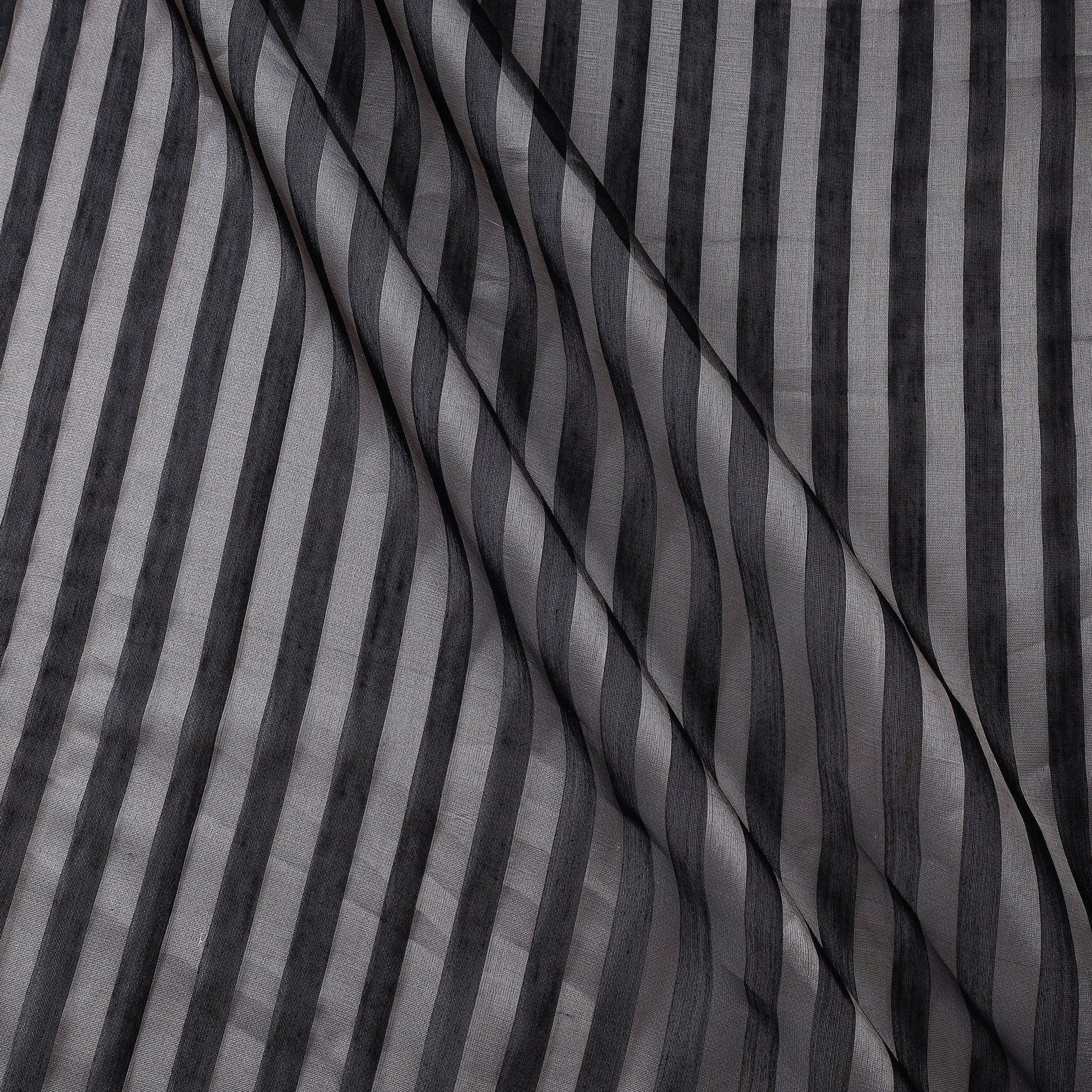 Black - Traditional Chanderi Silk Handloom Zari Stripes Fabric